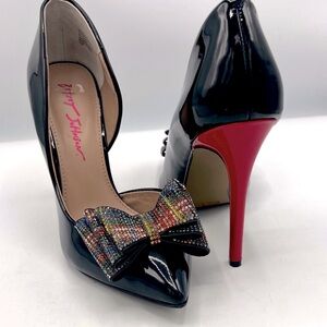 Betsey Johnson Black Patent with Red Heel and Rhinestone Bow